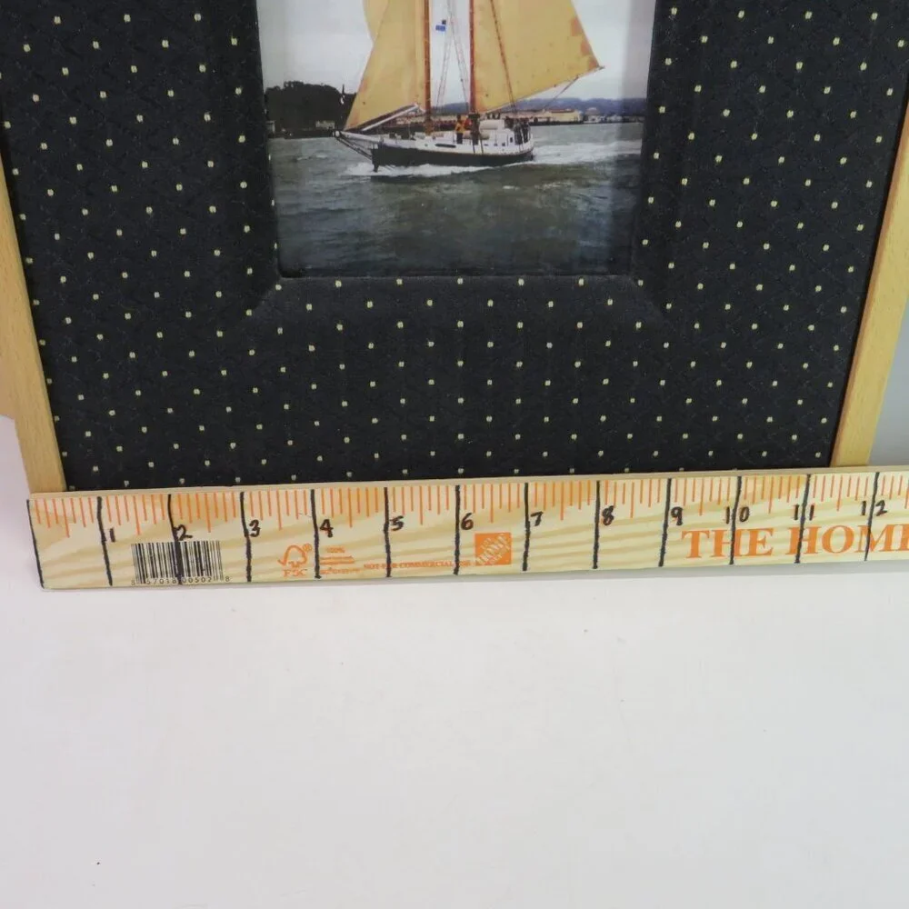 Solid Oak picture frame with glass & black brocade dotted fabric (pic removable)